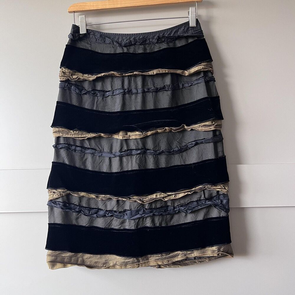 Options by Shani Skirt Womens 4 Black‎ Gray Gold Tiered Ruffle Velvet Silk Lined